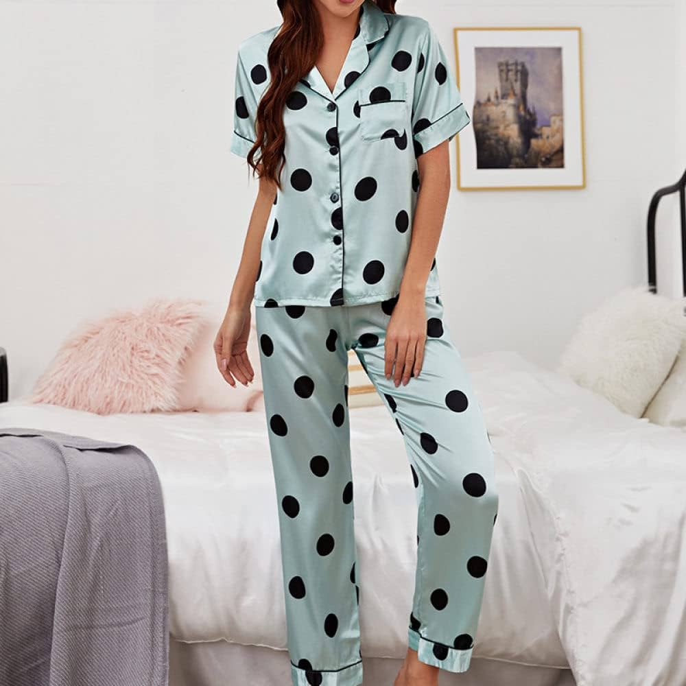 amazon-pyjama-femme-114chn-1.jpg LANGX Été Pyjama Femme,Ensemble De Pyjamas pour Femmes, Pyjamas Décontractés pour Femmes D'Été, Ensemble À Manches Courtes Et Pantalons Verts À Pois Noirs Simples, Vêtements D'Intérieur Conforta : Amazon.fr: Mode – Image 1