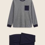Pyjama T shirt manches longues milleraies et pantalon en jersey de coton BIO GOTS BLEU FONCE pour homme MONOPRIX