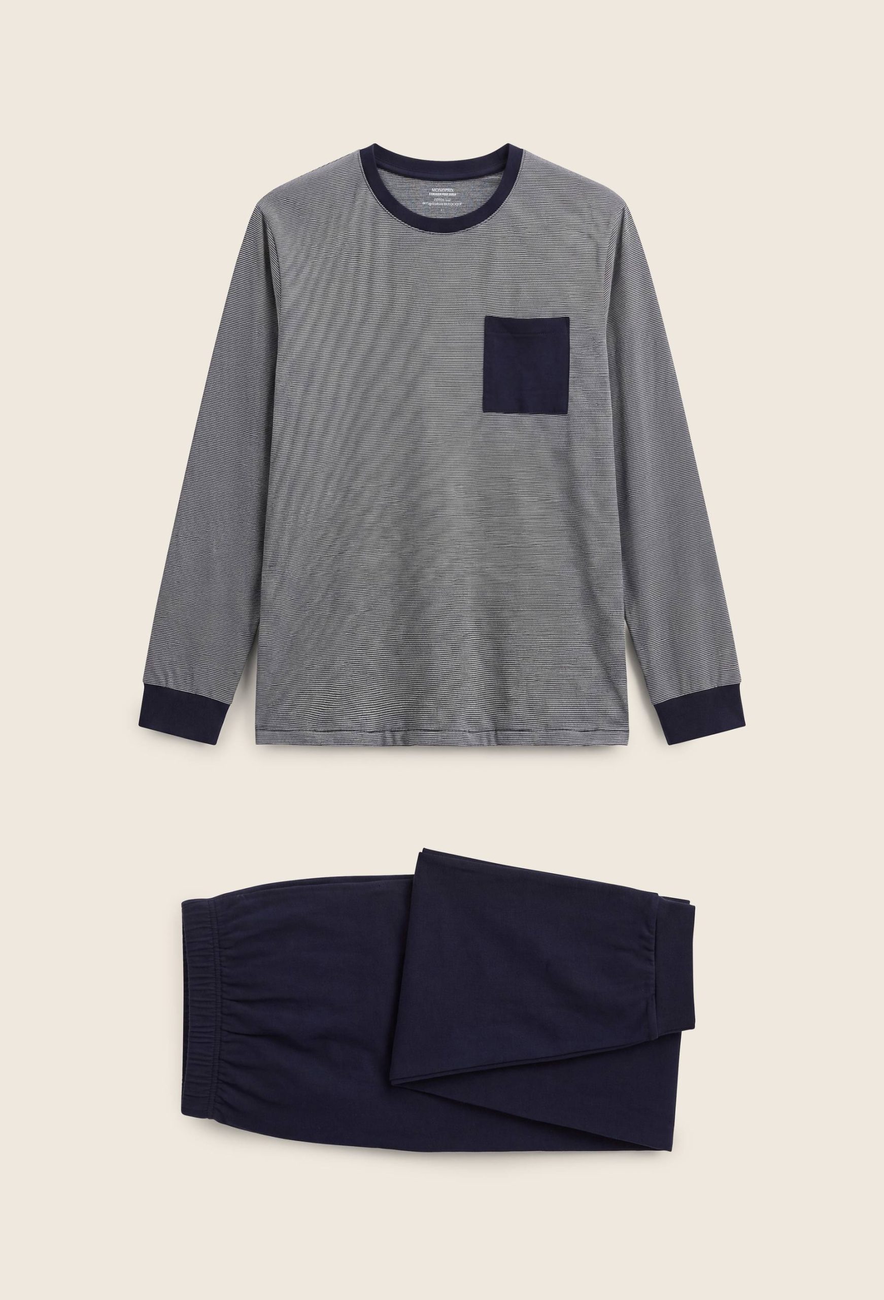 monoprix-pyjama-homme-664alj-1.jpg Pyjama T shirt manches longues milleraies et pantalon en jersey de coton BIO GOTS BLEU FONCE pour homme MONOPRIX – Image 1