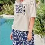 Pyjama court col rond 100% coton Essentiality Massana (Ecru)
