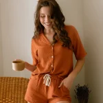 Ensemble de pyjama femme en gaze de coton bio Flora Terracotta