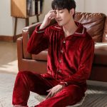 CWENROU Pyjama d'hiver Homme Ensemble De Pyjamas d'hiver pour Hommes À La Mode, Flanelle Épaissie Revers Rétro Vin Rouge Pyjama Chaud À Manches Longues Pantalon Doux Vêtements De Maison Décontract :