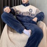 KBOPLEMQ Ensemble pyjama chaud et long pour homme En polaire Deux pièces Pyjama à manches longues et pantalon de pyjama Ensemble à manches longues Avec poche