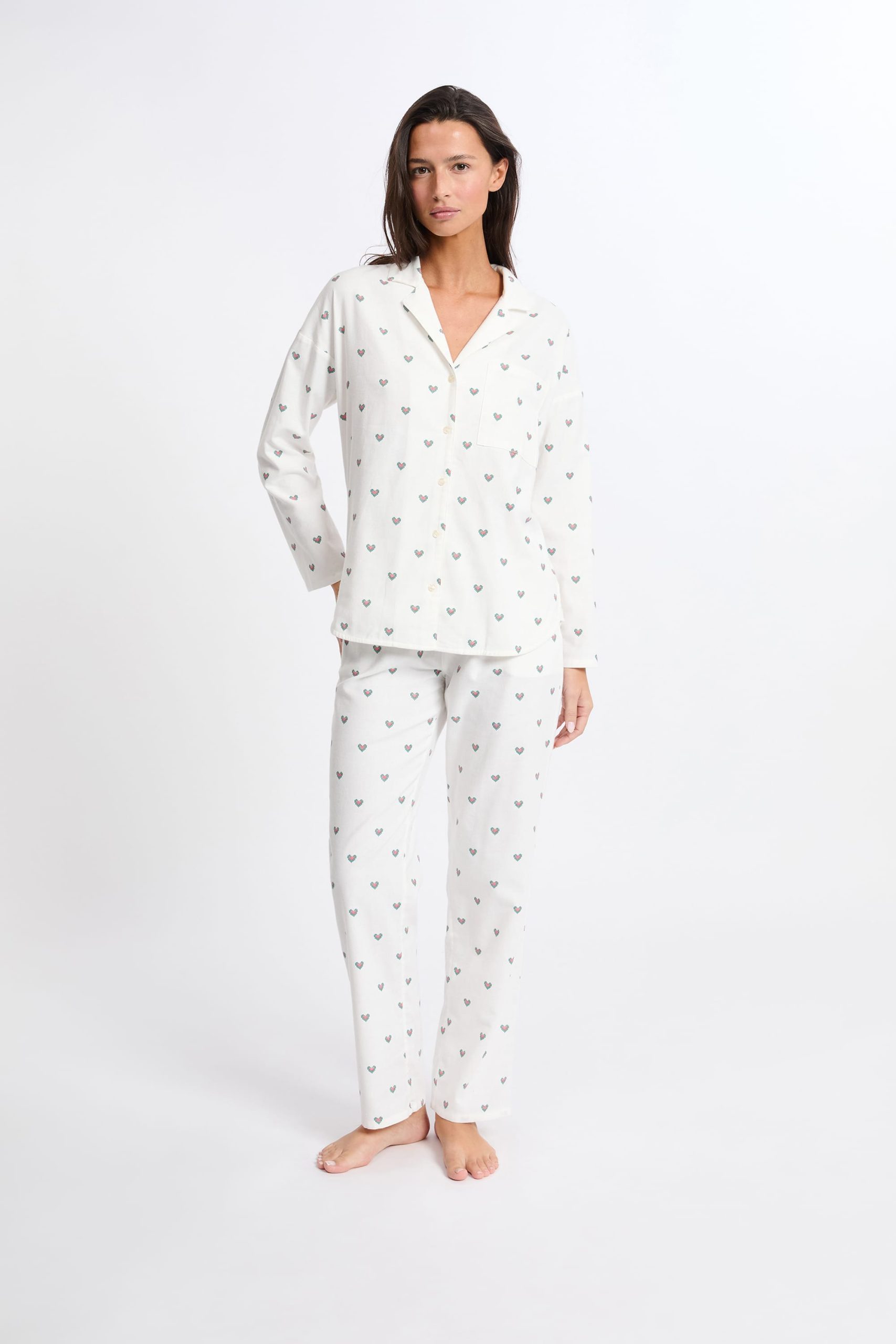 pyjama-coeur-199zob-1.jpg Ensemble de pyjama 2 pièces à motif coeur en coton flanelle MILO ECRU ETAM – Image 1