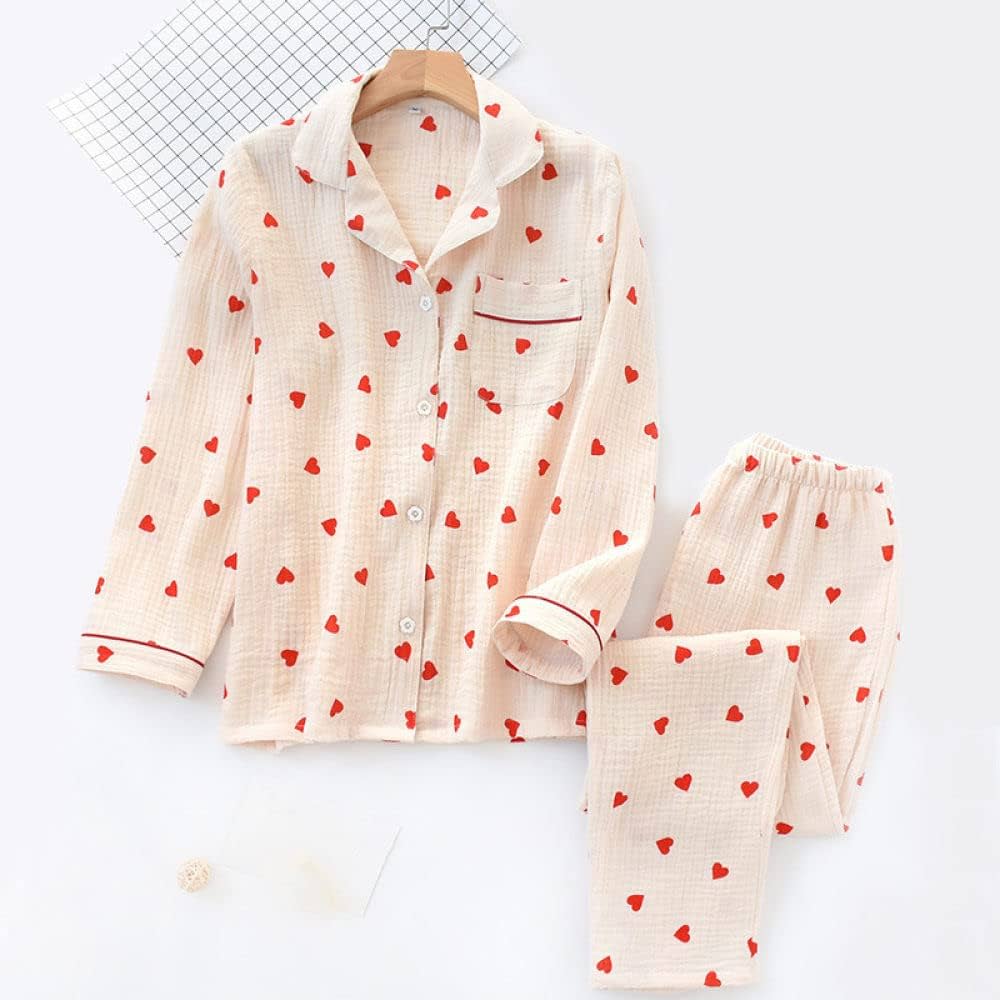 pyjama-coeur-740poj-1.jpg Pyjama Hiver Femme,Ensemble de Pyjama pour Femme Motif Coeur Rouge Revers en crêpe de Coton lavé Bouton Beige Haut à Manches Longues et Bas Vêtements ... – Image 1