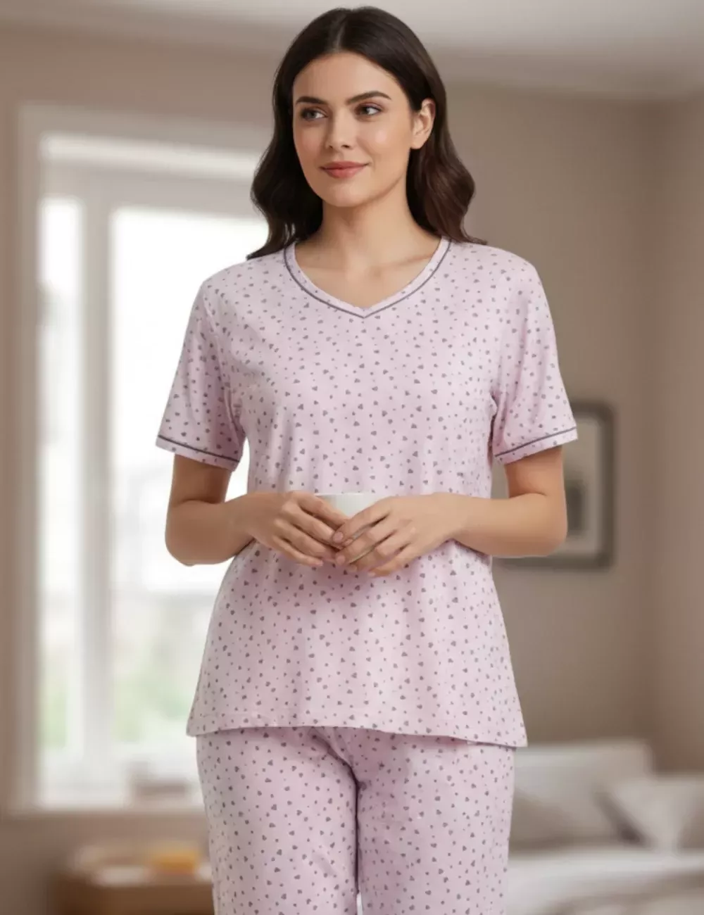 pyjama-coeur-909yit.webp Pyjama Femme Pantacourt Rose Clair 100% Coton | Jack Lingerie – Image 1