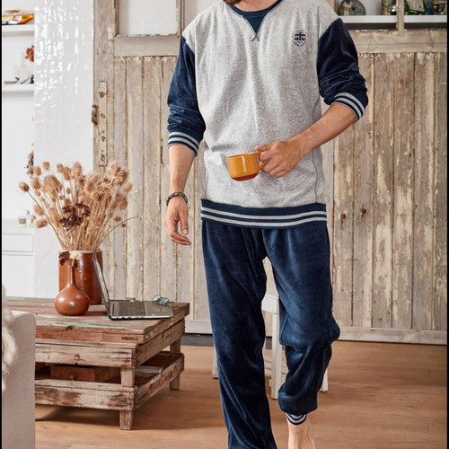 pyjama-coton-homme-709dnx-1.jpg Pyjama homme en coton style jogging manches longues LONDONIE bleu Becquet | 3 SUISSES – Image 1