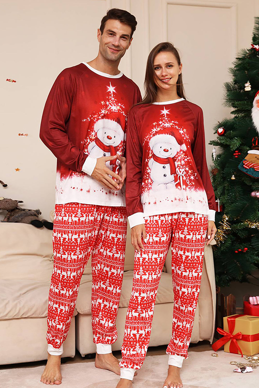 pyjama-de-noel-783tun.jpg Ensemble pyjama assorti familial de Noël bonhomme de neige rouge – Image 1