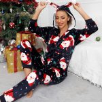 QIYUANT Noël Pyjama Combinaison Femme en Flanelle Doux Grenouillères a Capuche Manche Longue Hiver Confortable Chaud Homewear Onesie Zippé Adulte Une Piece Bleu Foncé S : Amazon.fr: Mode