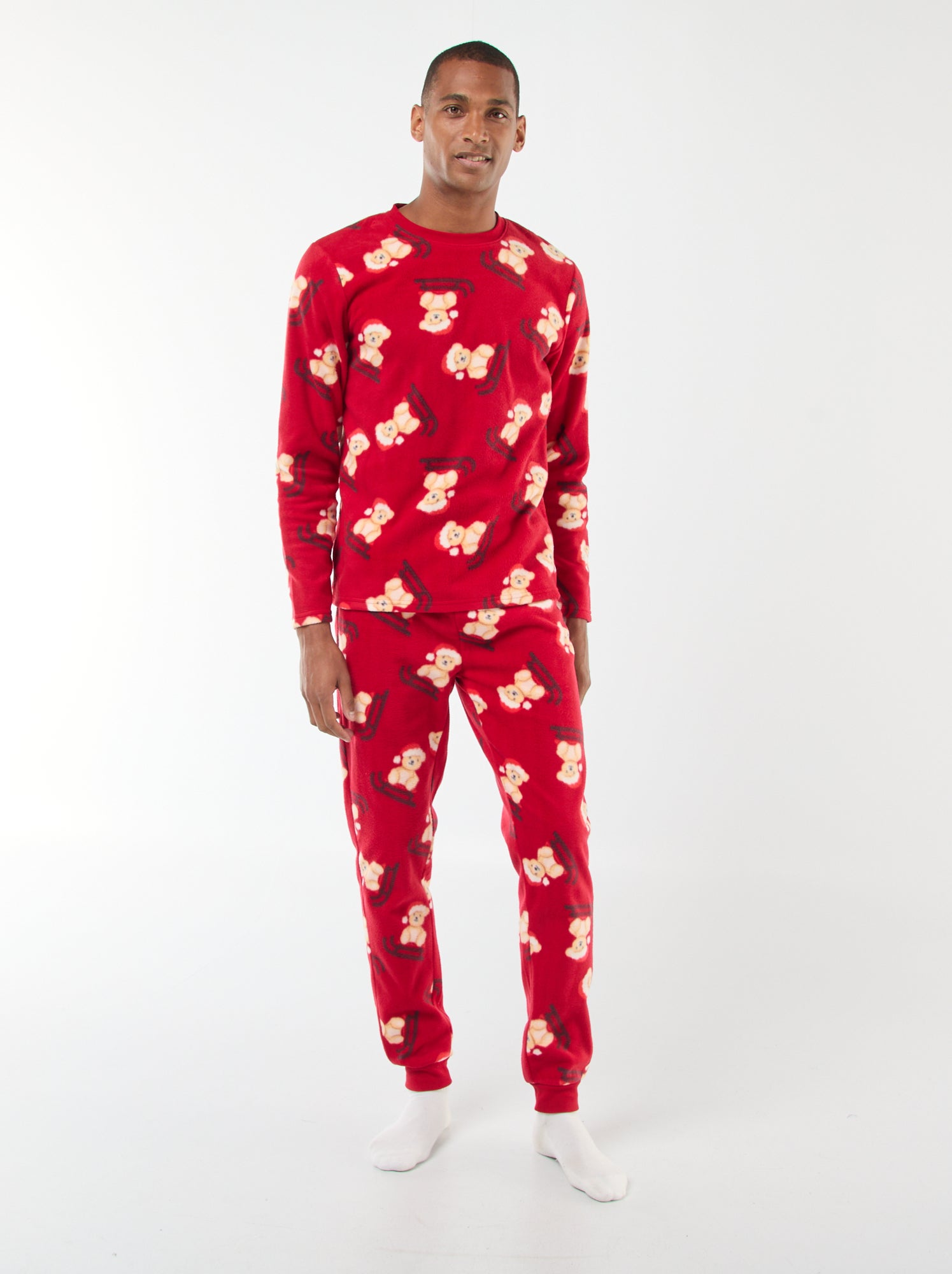 pyjama-en-polaire-390eif-1.jpg Pyjama polaire à motif 'Noël' t shirt + pantalon 2 pièces Rouge – Image 1
