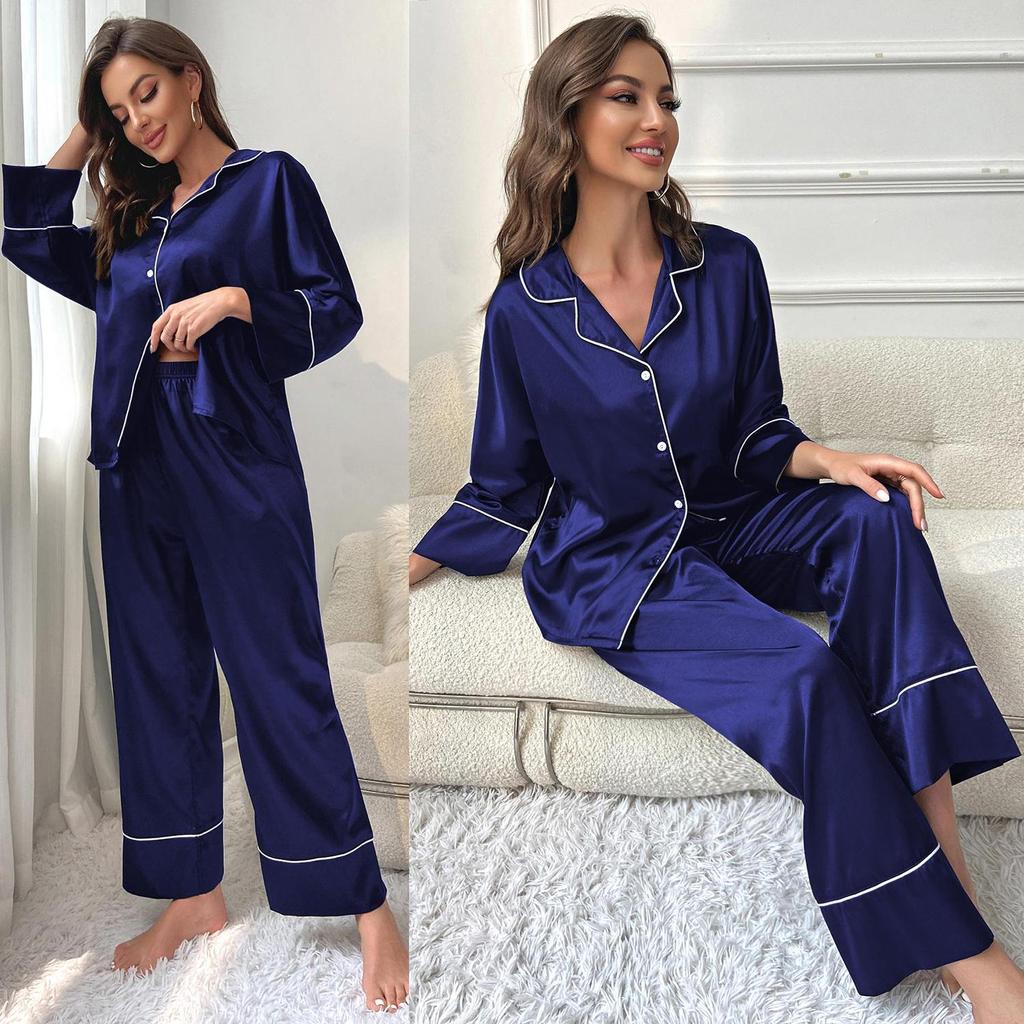 pyjama-en-satin-femme-892res-1.jpg Pyjama Long En Satin Pour Femme – 2 Pièces, Col V, Manches Longues, Boutonnage, Couleur Unie, Soie Douce, Confortable, élégant – Image 1