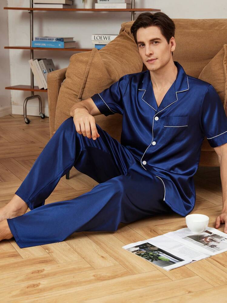 pyjama-en-satin-homme-576wut-1.jpg Provexi Provexi Ensemble pyjama homme avec Top en satin et pantalon avec passepoil contrasté | Mode en ligne | SHEIN FRANCE – Image 1