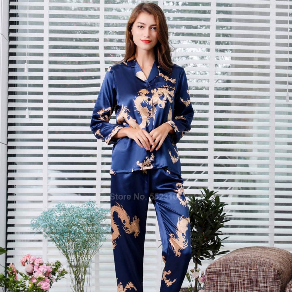 pyjama-en-satin-pour-femme-561qwt-1.jpg Pyjama Satin Femme,Ensemble De Pyjamas En Satin De Soie Pour Femmes 2Pcs Pantalons À Manches Longues Style Chinois Nouvel An Dragon Print Vêtements De ... – Image 1