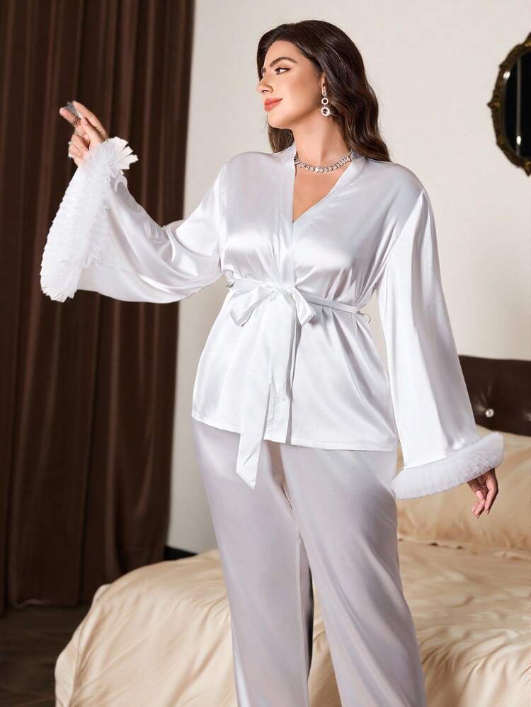pyjama-en-satin-pour-femme-919sng-1.jpg Slumberist Ensemble de pyjama femme de luxe avec Top à manches évasées et pantalon en faux satin grande taille, ensemble de pyjama satin blanc, ensemble de pyjama de mariée, ensemble de pyjama – Image 1