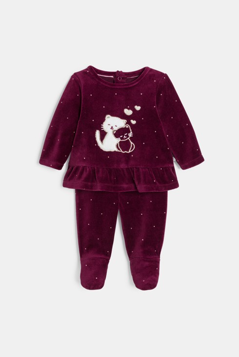 pyjama-en-velours-bebe-635rcb-1.jpg Pyjama velours chat bordeaux bébé fille | Okaïdi & Obaïbi – Image 1