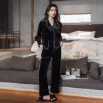 RBWL Pyjama Femme Hiver,Ensembles De Pyjama pour Femmes en Velours Noir À Revers À Double Bouton avec Poche Mode Confortable À Manches Longues Pjs Top & Ensemble De Bas Vêtements De Nuit