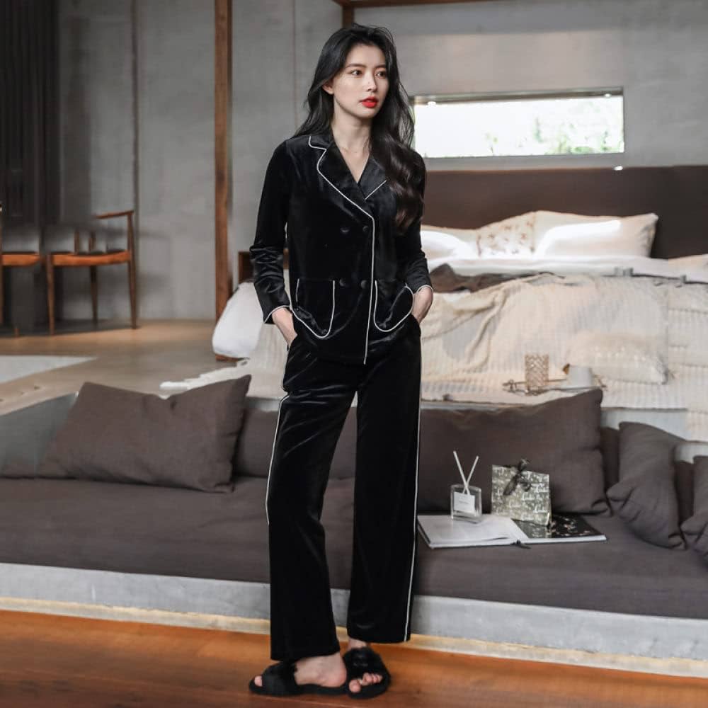 pyjama-en-velours-femme-066pll-1.jpg RBWL Pyjama Femme Hiver,Ensembles De Pyjama pour Femmes en Velours Noir À Revers À Double Bouton avec Poche Mode Confortable À Manches Longues Pjs Top & Ensemble De Bas Vêtements De Nuit – Image 1