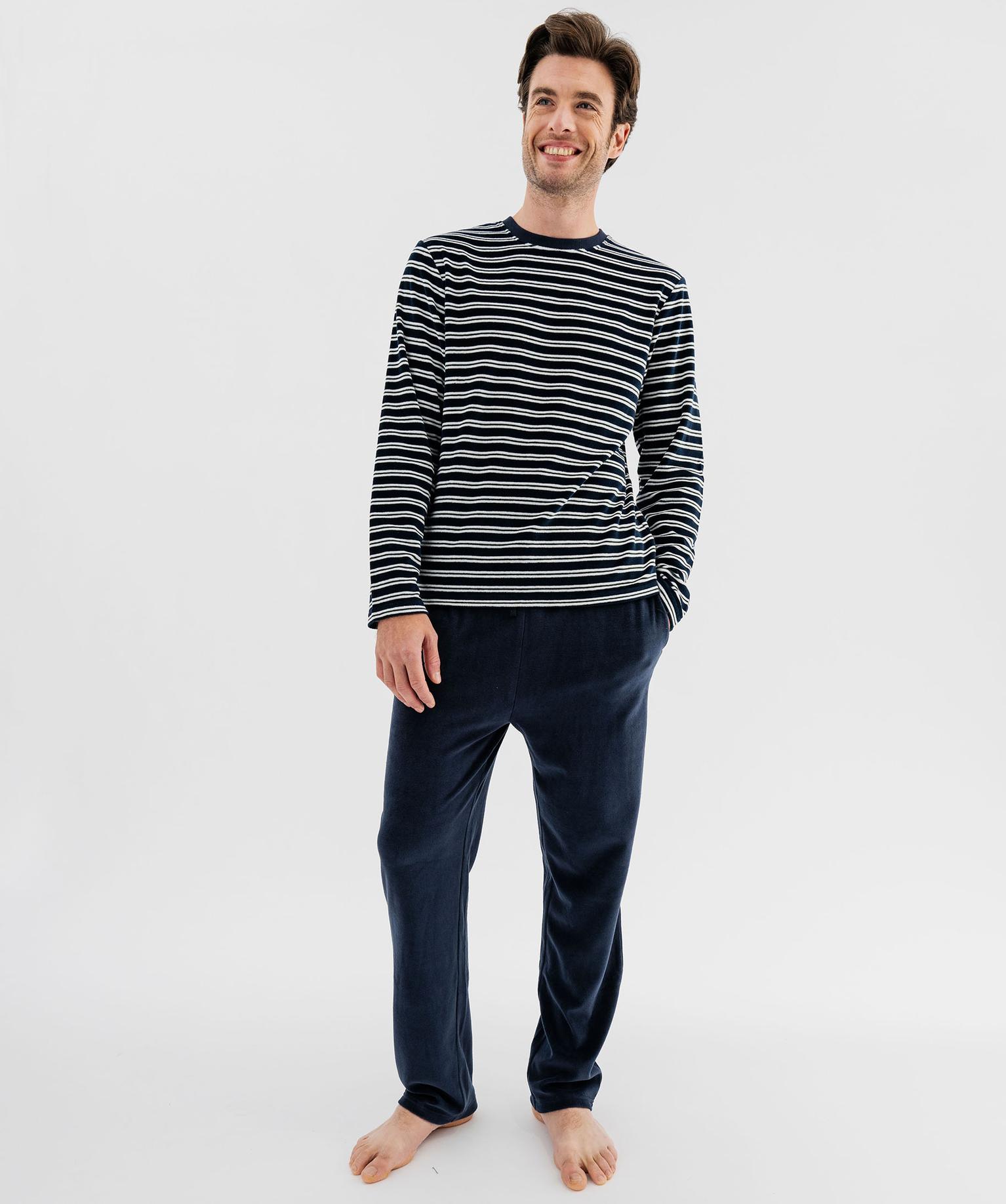 pyjama-en-velours-homme-610clz-1.jpg Pyjama en velours avec haut rayé homme – Image 1