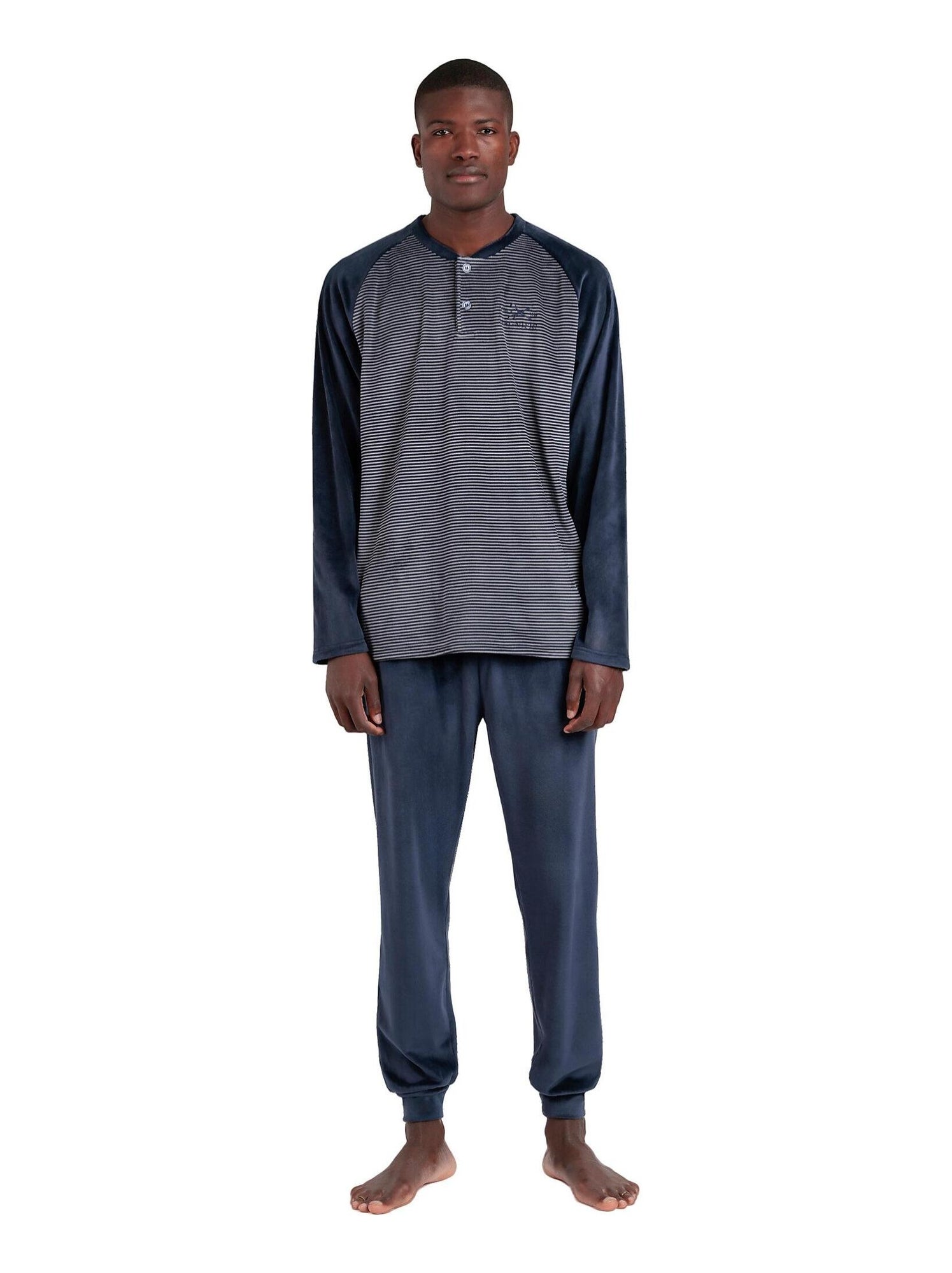 pyjama-en-velours-homme-909rki-1.jpg Pyjama velours tenue pantalon top manches longues basic stripes Bleu marine – Image 1
