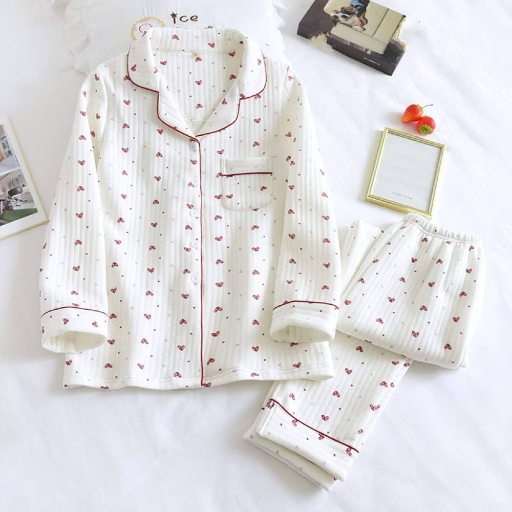 pyjama-femme-amazon-482vxb-1.jpg Pyjama Femme Hiver,Ensemble De Pyjama Blanc pour Femme avec Motif Coeur Ensembles De Pyjama 2 Pièces Revers Boutonné Vêtements De Détente Chauds avec ... – Image 1