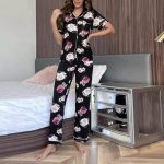 Été Pyjama Femme,Ensembles De Pyjama Deux Pièces, Pyjama D'Été À Col en V pour Femme, Manches Courtes Boutonnées Imprimées Noires avec Pantalon Long, Vêtements De Détente Doux, Cadeaux Pou : Amazon.fr: Mode