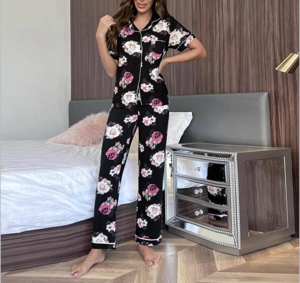 pyjama-femme-amazon-614plg-1.jpg Été Pyjama Femme,Ensembles De Pyjama Deux Pièces, Pyjama D'Été À Col en V pour Femme, Manches Courtes Boutonnées Imprimées Noires avec Pantalon Long, Vêtements De Détente Doux, Cadeaux Pou : Amazon.fr: Mode – Image 1