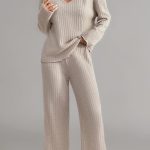 Ensemble Femme Chic et Elegant Pyjama à Manches Longue 2 Pièces Pantalon à Taille Élastique Haut Tricot Vêtement de Nuit Doux Vêtement d'Intérieur Sleepwear Grande Taille Pyjama Femme (Beige, S) : Amazon.fr: