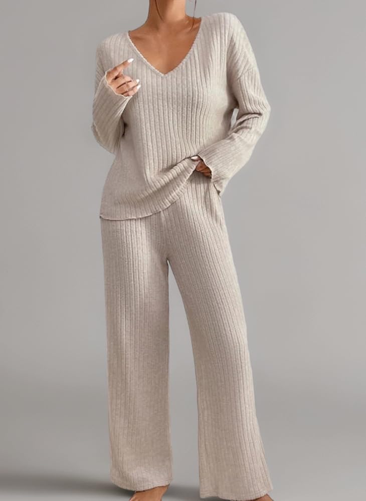 pyjama-femme-chic-et-elegant-464hcv.jpg Ensemble Femme Chic et Elegant Pyjama à Manches Longue 2 Pièces Pantalon à Taille Élastique Haut Tricot Vêtement de Nuit Doux Vêtement d'Intérieur Sleepwear Grande Taille Pyjama Femme (Beige, S) : Amazon.fr: – Image 1