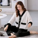 Pijama Femme,Ensembles De Pyjama En Flanelle Pour Femmes Noir Blanc Col En V Jacquard Torsadé Poches Boutonnées Élégant Confortable Chaud Pjs Top À Manches Longues Amp; Ensemble De Bas Vêteme : Amazon.fr: