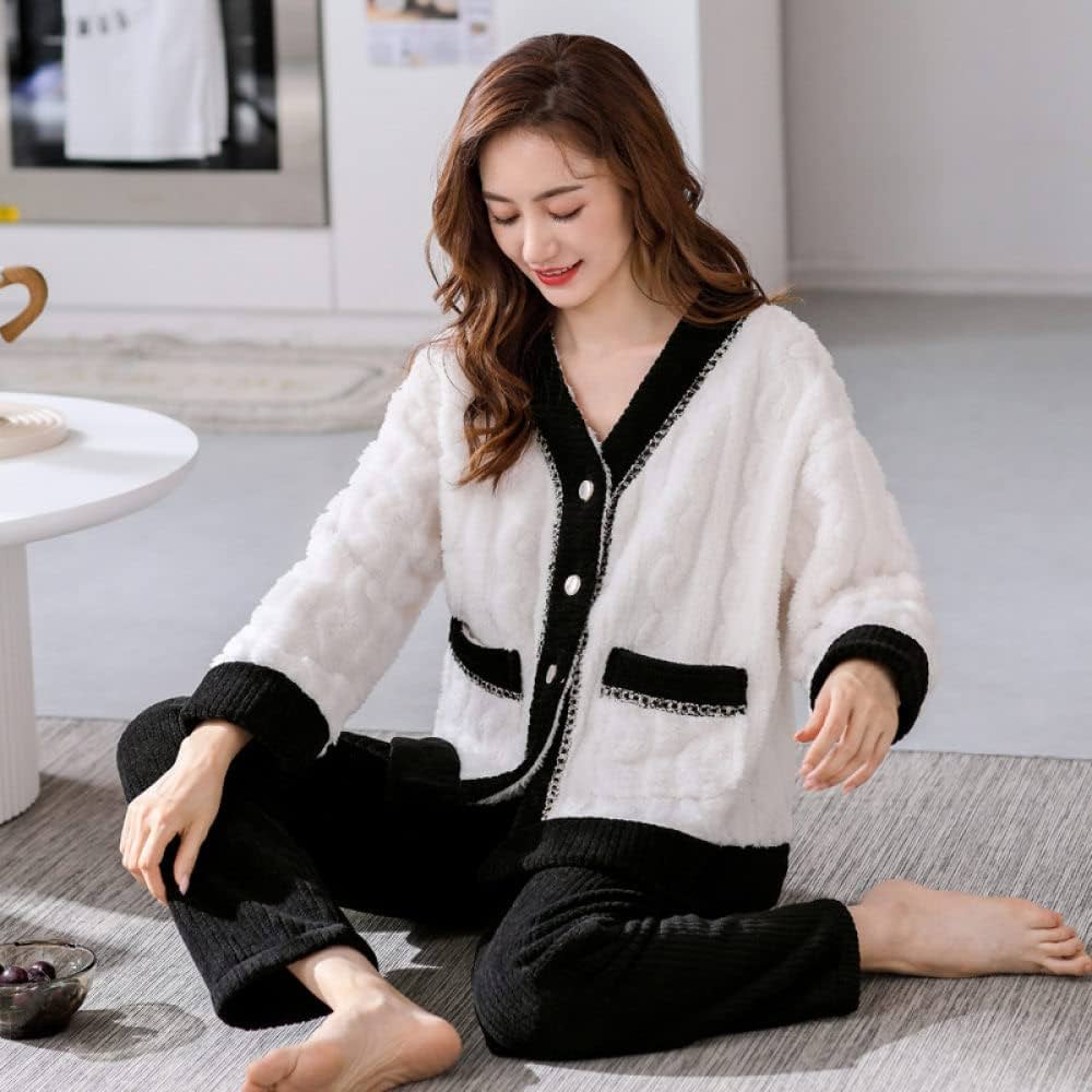 pyjama-femme-en-flanelle-927bcl-1.jpg Pijama Femme,Ensembles De Pyjama En Flanelle Pour Femmes Noir Blanc Col En V Jacquard Torsadé Poches Boutonnées Élégant Confortable Chaud Pjs Top À Manches Longues Amp; Ensemble De Bas Vêteme : Amazon.fr: – Image 1