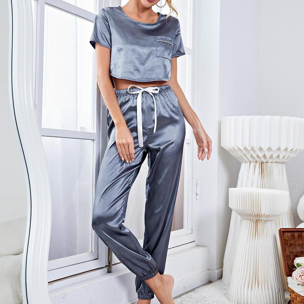 pyjama-femme-en-satin-656akc-1.jpg Acheter Pyjama Femme Satin Manches Courtes Col Rond Haut Pantalon De Jogging Long Costume De Couchage 2 Pièces Pyjama Lounge Wear Printemps Eté Maison Casual Vêtements De Nuit | Joom – Image 1