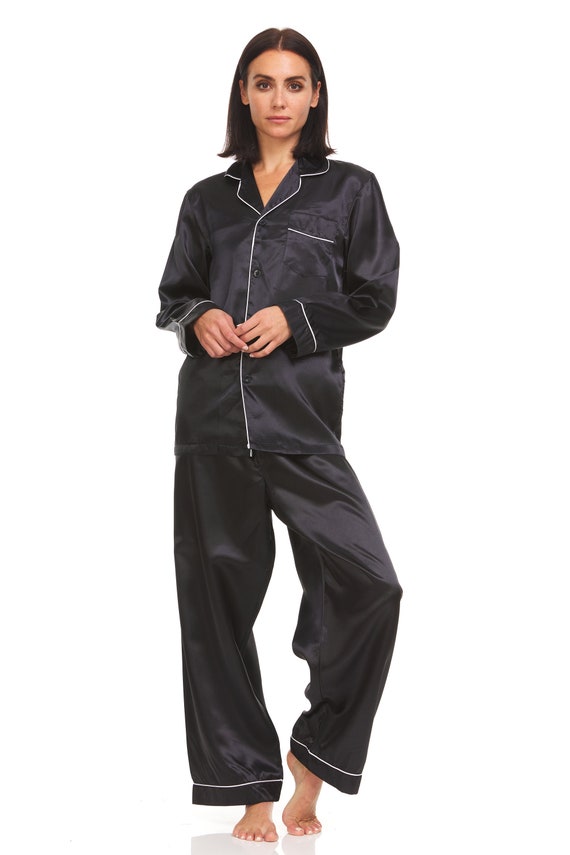 pyjama-femme-en-soie-065axh-1.jpg Pyjama Femme Satin Soie Ensemble Pyjama Haut et Bas Noir Passepoil Blanc Etsy France – Image 1