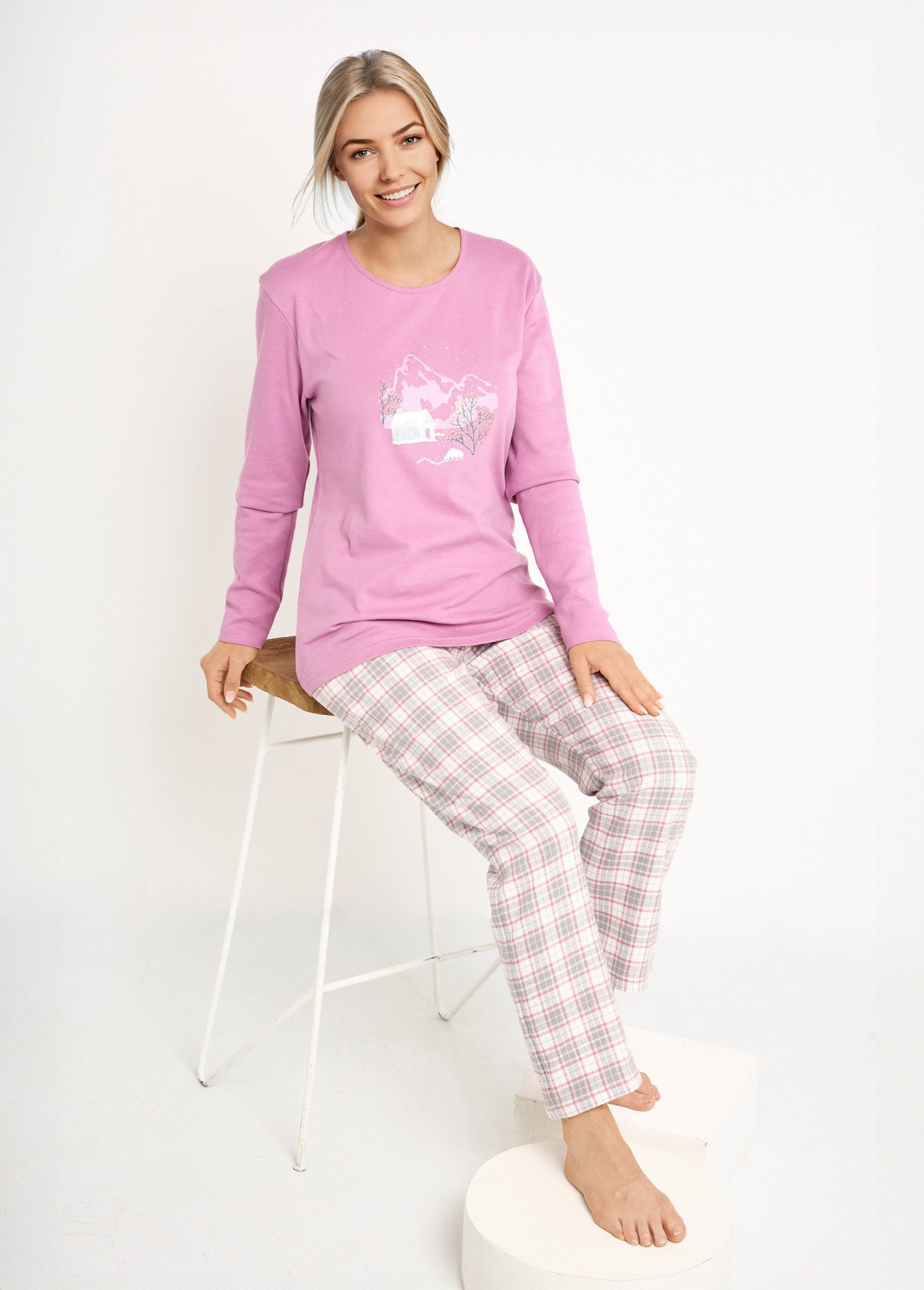 pyjama-femme-flanelle-670bxs-1.jpg Pyjama pantalon chaud coton flanelle carreaux Violet | Afibel – Image 1