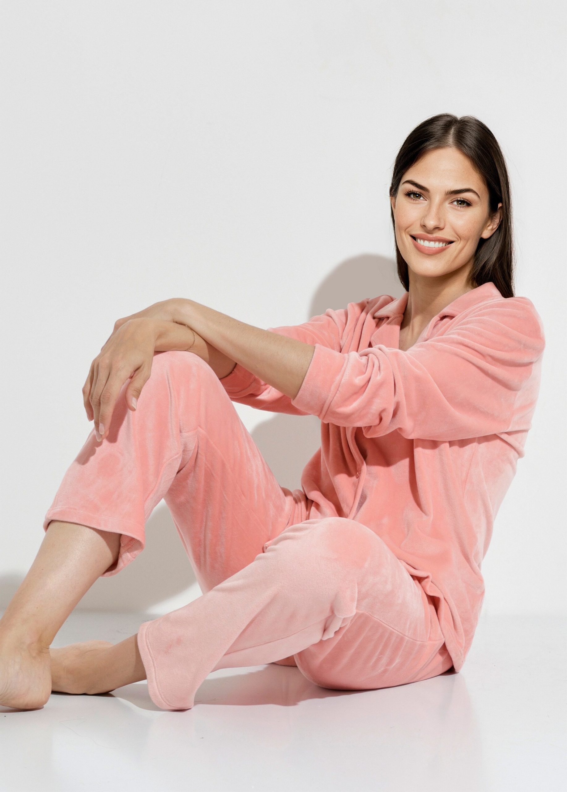 pyjama-femme-velours-093tie-1.jpg Pyjama long boutonné velours stretch Rose | Afibel – Image 1