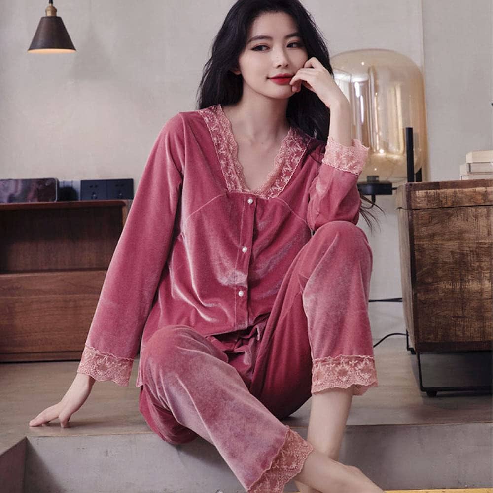 pyjama-femme-velours-238ihr-1.jpg Pyjama Femme,Ensembles De Pyjama Pour Femmes Boutons En Tissu De Velours Rouge Dentelle Sexy Confortable Chaud Haut De Pyjama À Manches Longues & Ensemble De Bas Vêtements De Nuit Vêtements De Nu : – Image 1