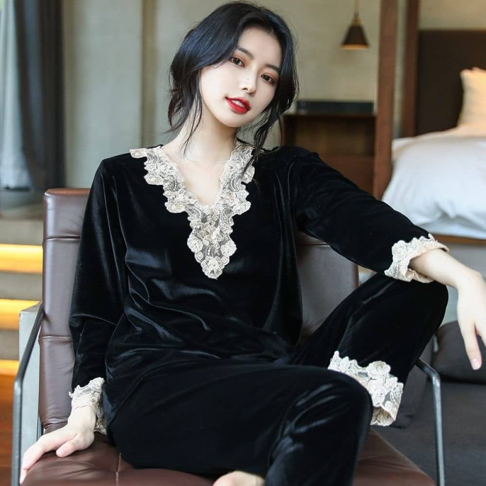 pyjama-femme-velours-892vbz-1.jpg Ensembles De Pyjama Femme,Ensembles De Pyjama Pour Femmes Velours Noir Col En V Fleurs En Dentelle Sexy Confortable Chaud Haut De Pyjama À Manches Longues & Ensemble De Bas Vêtements De Nuit – Image 1