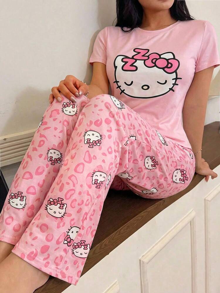 pyjama-hello-kitty-femme-167wfc-1.jpg SANRIO 2 pièces Ensemble de pyjama pour femme motif HELLO chat, haut à manches courtes doux et pantalon long, vêtement de détente mignon et confortable | Mode en ligne | SHEIN FRANCE – Image 1