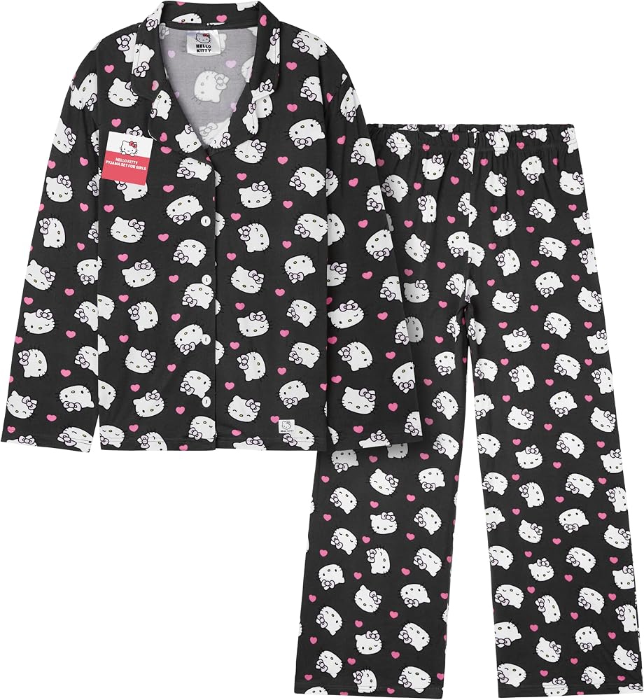 pyjama-hello-kitty-femme-279ycp-1.jpg Hello Kitty Sanrio Pyjama Fille et Ado, Ensemble Haut et Bas, Tenue de Nuit Enfant Kawaii, Pyjama Hiver Doux et Confortable (7 8 Ans, Noir Hello ... – Image 1