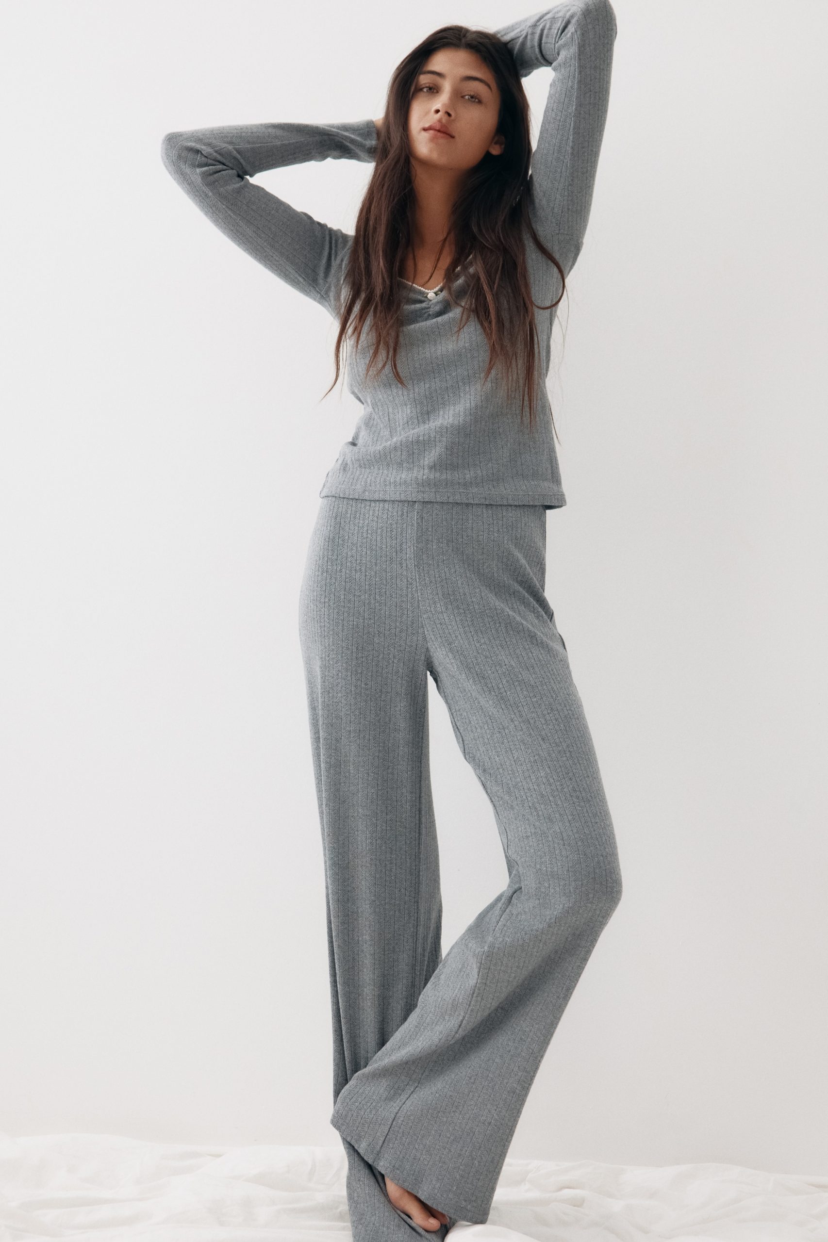 pyjama-hm-954wgg-1.jpg Pyjama en pointelle de coton Gris foncé chiné FEMME | H&M FR – Image 1