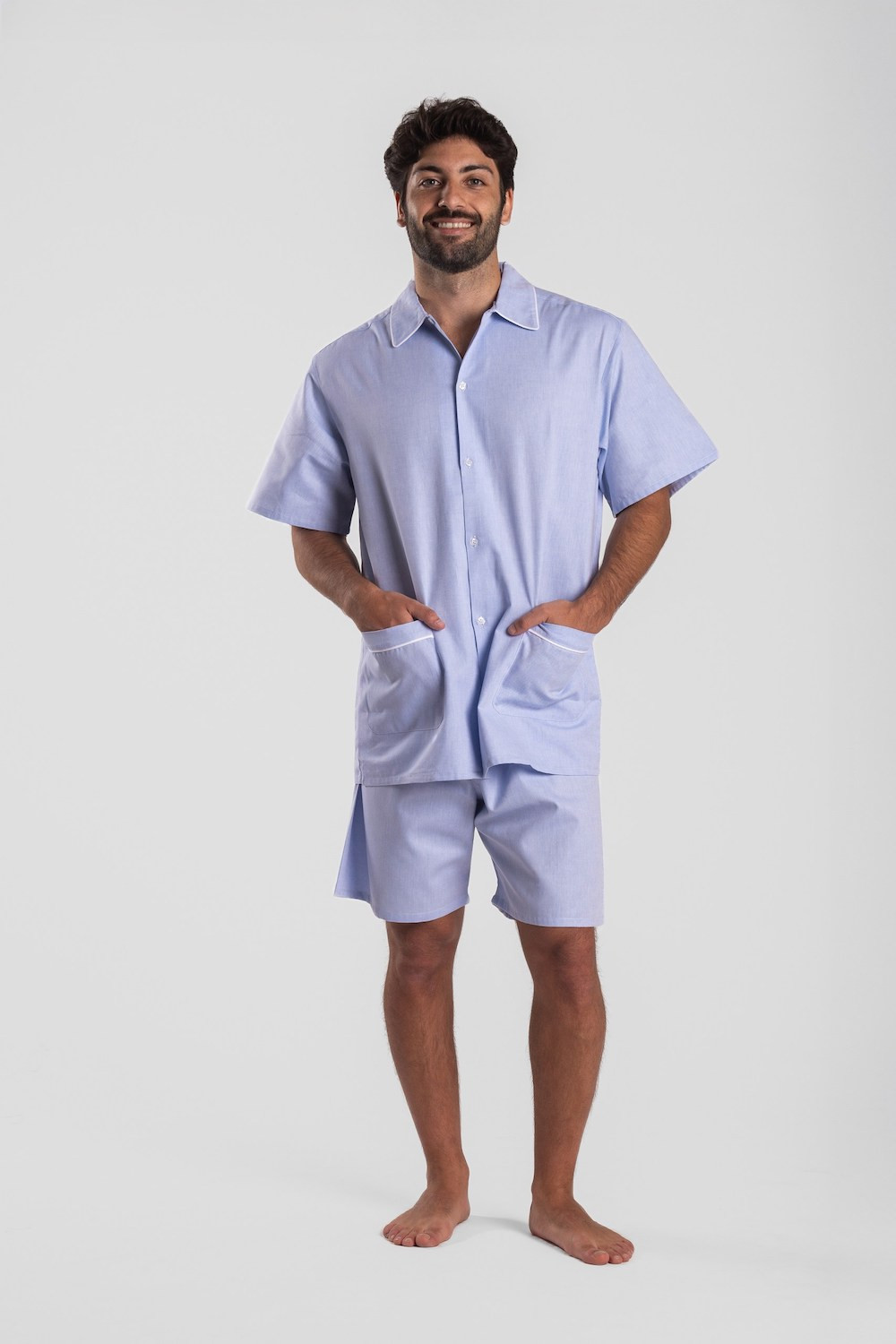 pyjama-homme-coton-362udi-1.jpg Pyjama court homme en Oxford bleu 100% coton – Image 1