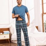 Aseniza Pyjama Homme Coton Ensembles de Pyjama Homme Doux Haut à Manches Courtes Col Rond et Pantalon à Carreaux Long Deux pièces Vêtements de Nuit Confortable Loungewear Bleu M : Amazon.fr: Mode