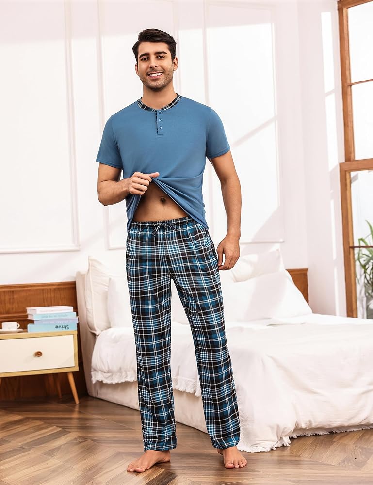 pyjama-homme-coton-505xsh-1.jpg Aseniza Pyjama Homme Coton Ensembles de Pyjama Homme Doux Haut à Manches Courtes Col Rond et Pantalon à Carreaux Long Deux pièces Vêtements de Nuit Confortable Loungewear Bleu M : Amazon.fr: Mode – Image 1