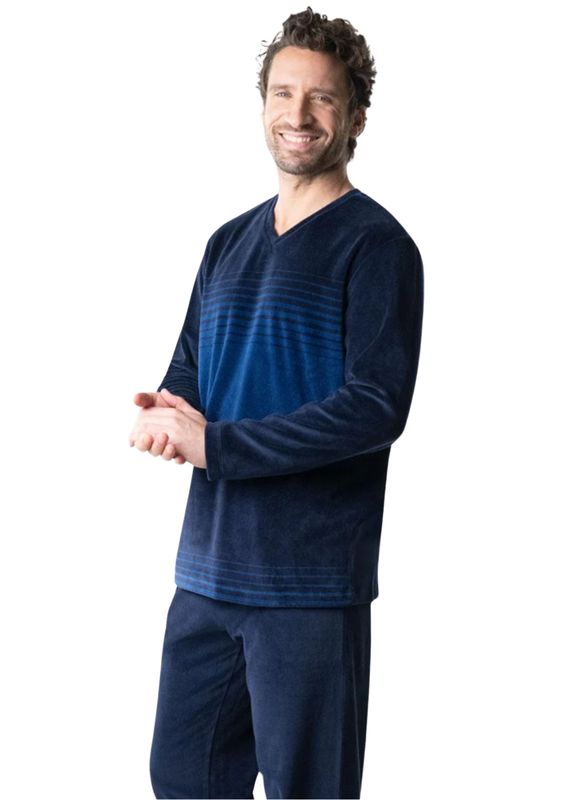 pyjama-homme-en-velours-506vxf-1.jpg Pyjama homme velours EMINENCE col V bleu 7U58 – Image 1