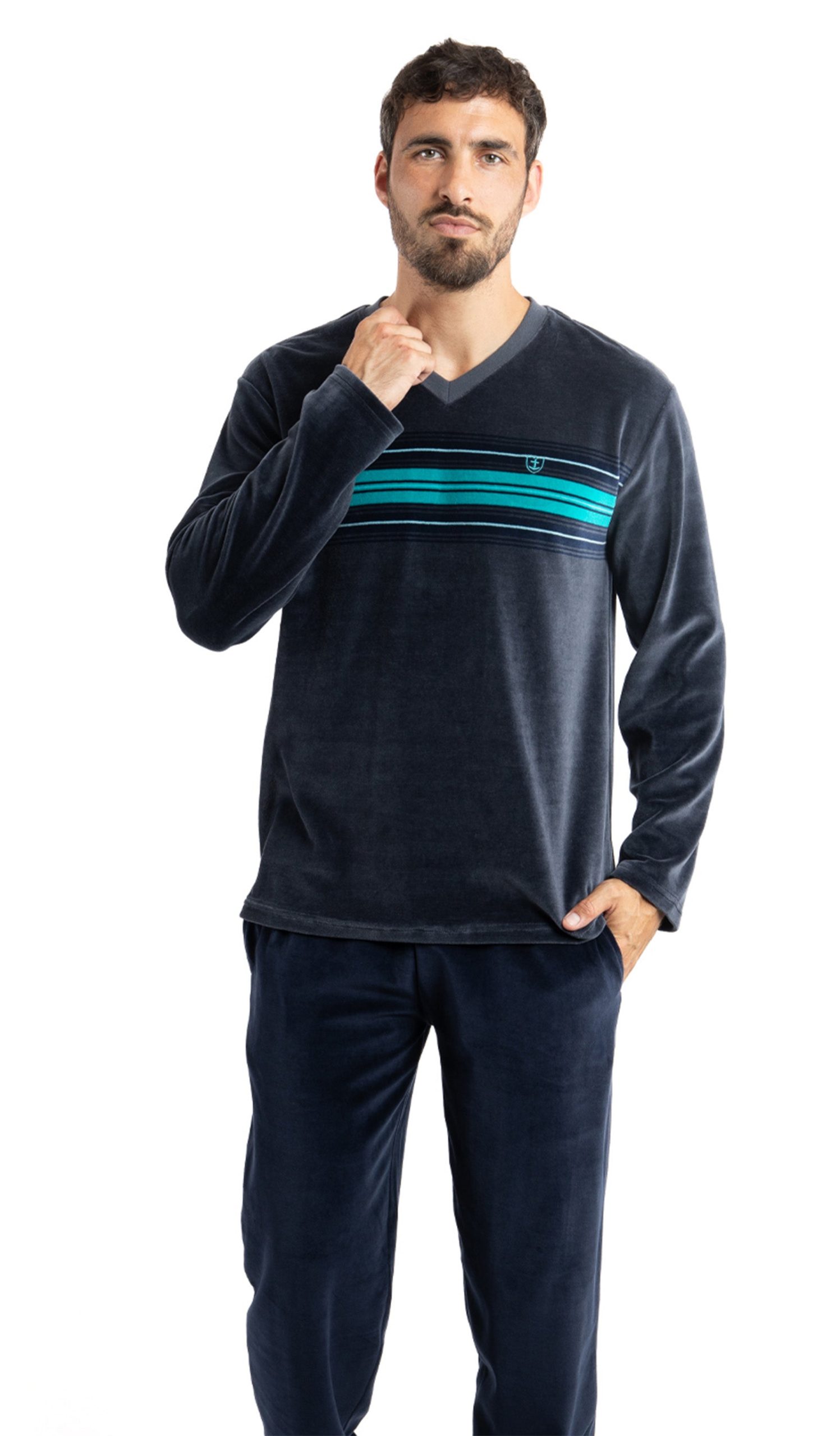 pyjama-homme-en-velours-981vej-1.jpg Pyjama homme col V en VELOURS Anthracite F403 – Mariner underwear – Image 1