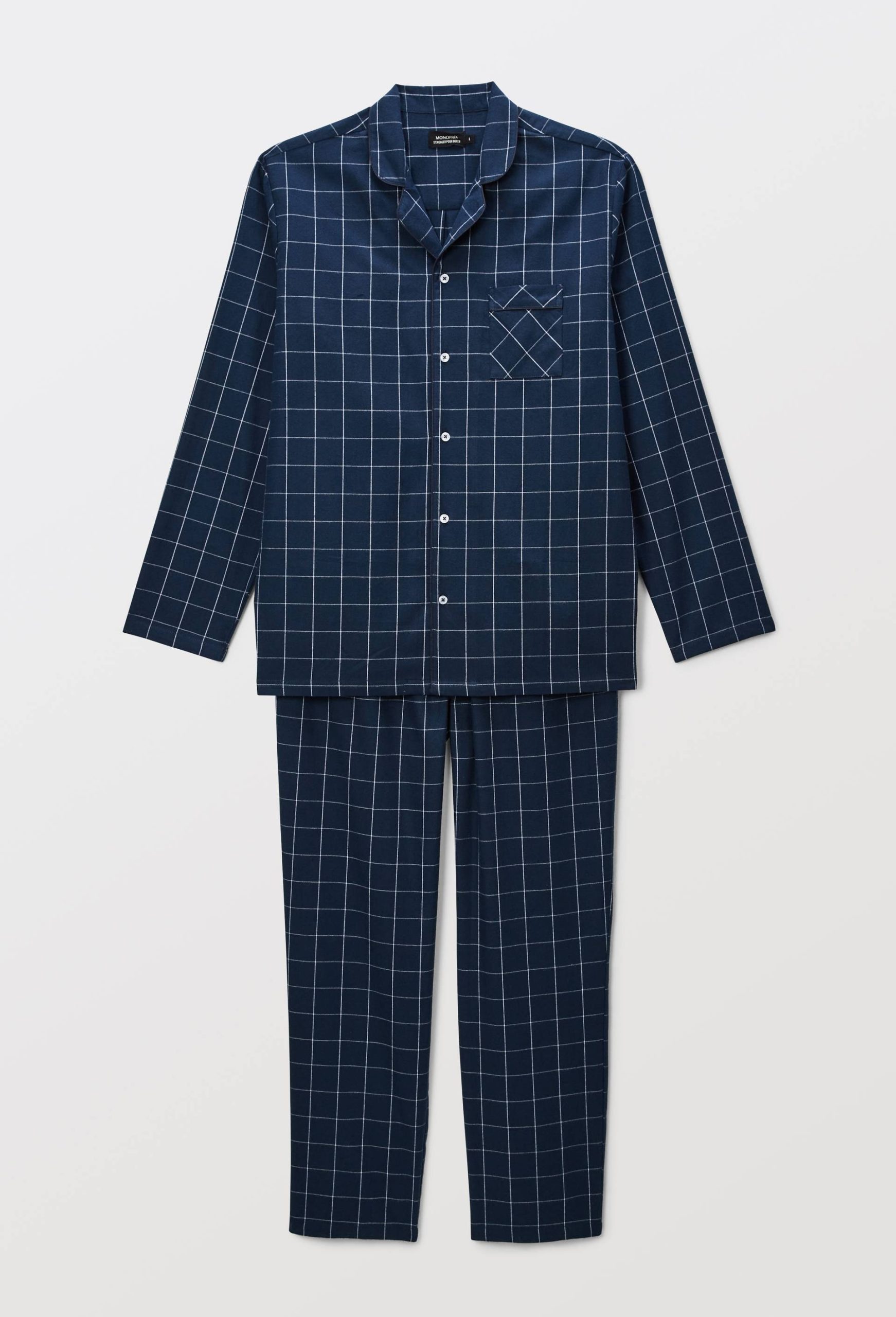 pyjama-homme-monoprix-926upj-1.jpg Pyjama manches longues et pantalon en flanelle de coton BIO GOTS BLEU FONCE pour homme MONOPRIX – Image 1