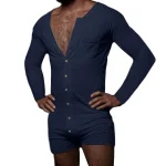 Pyjama sexy pour homme, combinaison, couleur unie, col rond, manches longues, t shirt et short, nouveau, une pièce, boutonné, vêtements de maison AliExpress 200574005