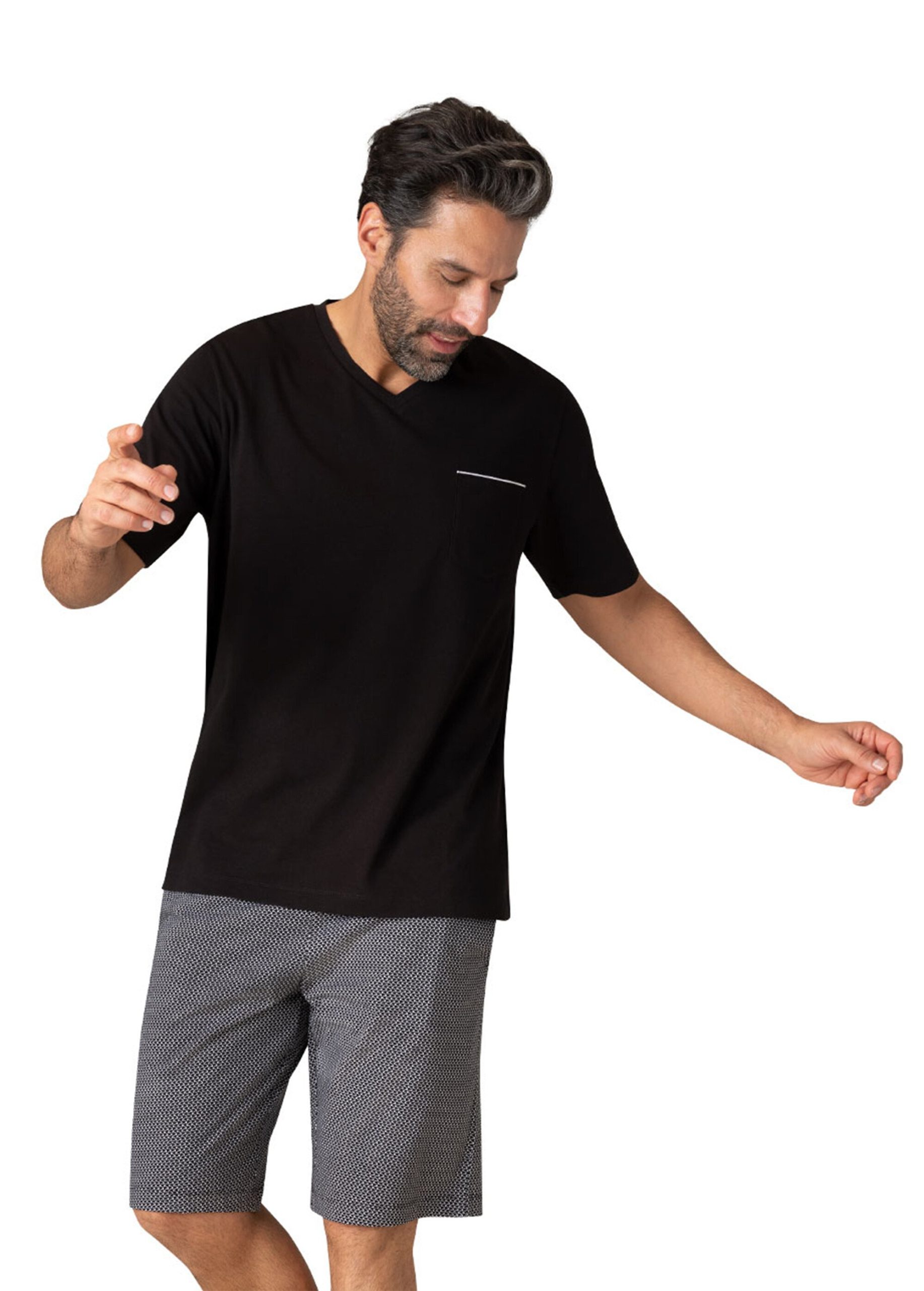pyjama-homme-short-650cfs-1.jpg Pyjama short col V homme EMILP216107 NOIR ET IMPRIME – Image 1