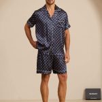 Ensemble Pyjama Homme En Soie Manches Courtes Col Crante Imprime Chain