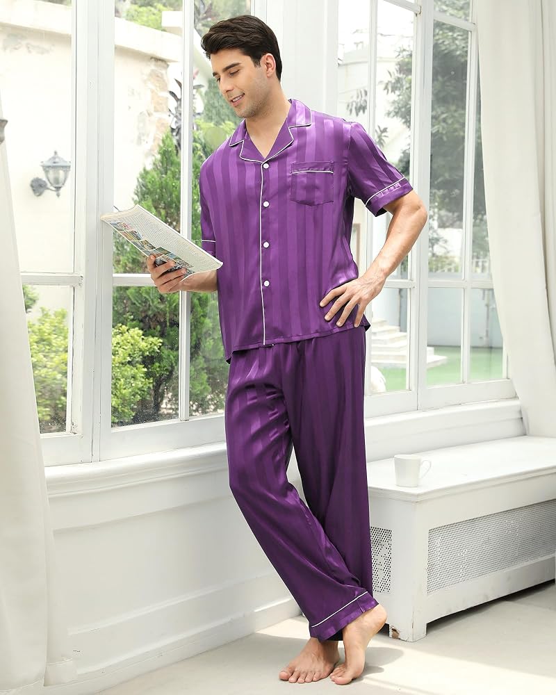 pyjama-homme-soie-545svr-1.jpg TeJoyce Pyjama Homme Satin, Deux Pièces Vêtements de Nuit Soie, Ensembles Rayé Manches Courtes Chemise avec Boutons et Pantalon Assorti, Elegant et ... – Image 1