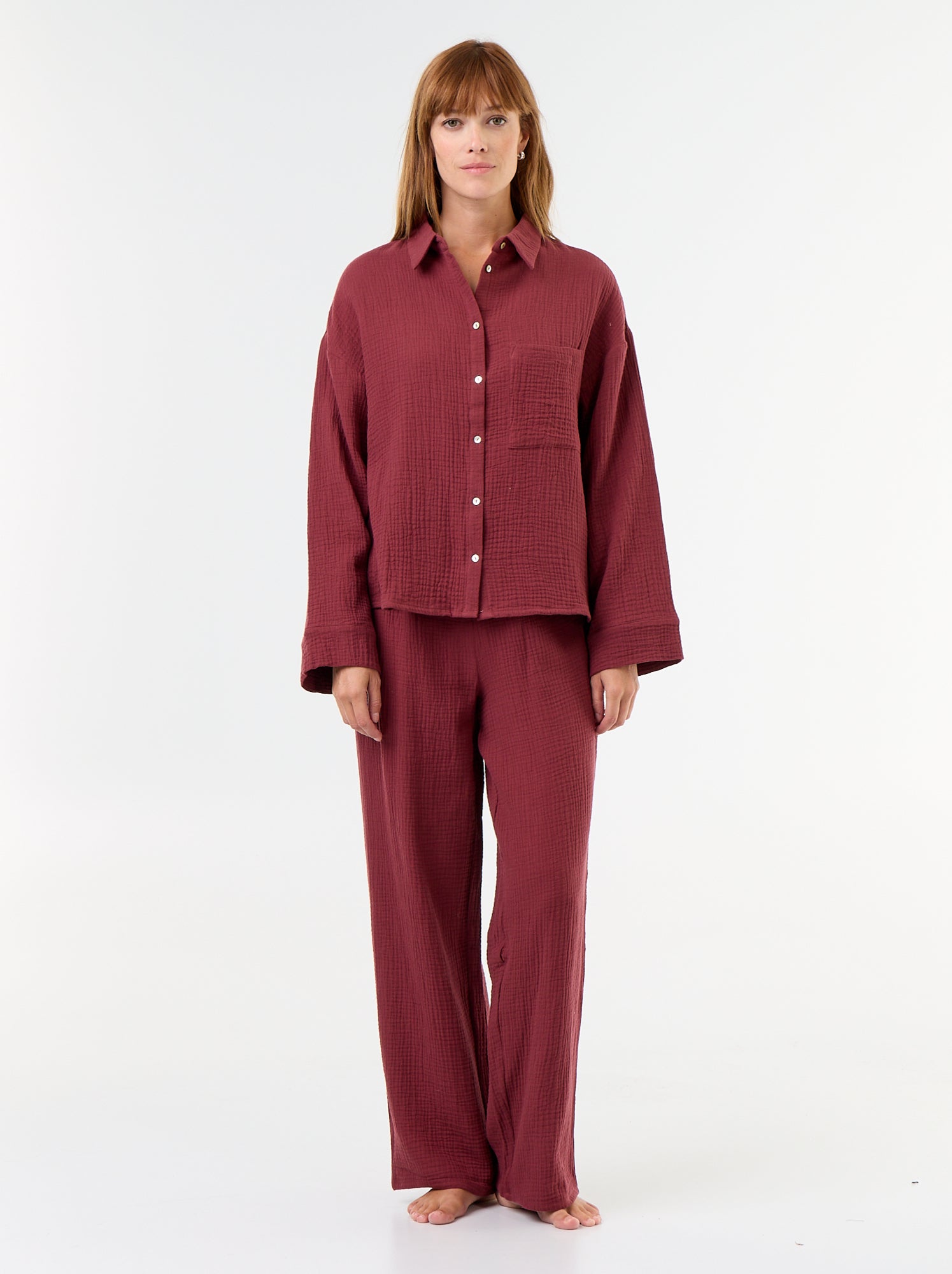 pyjama-kiabi-femme-361iqi-1.jpg Pyjama 2 pièces en gaze de coton Rouge – Image 1